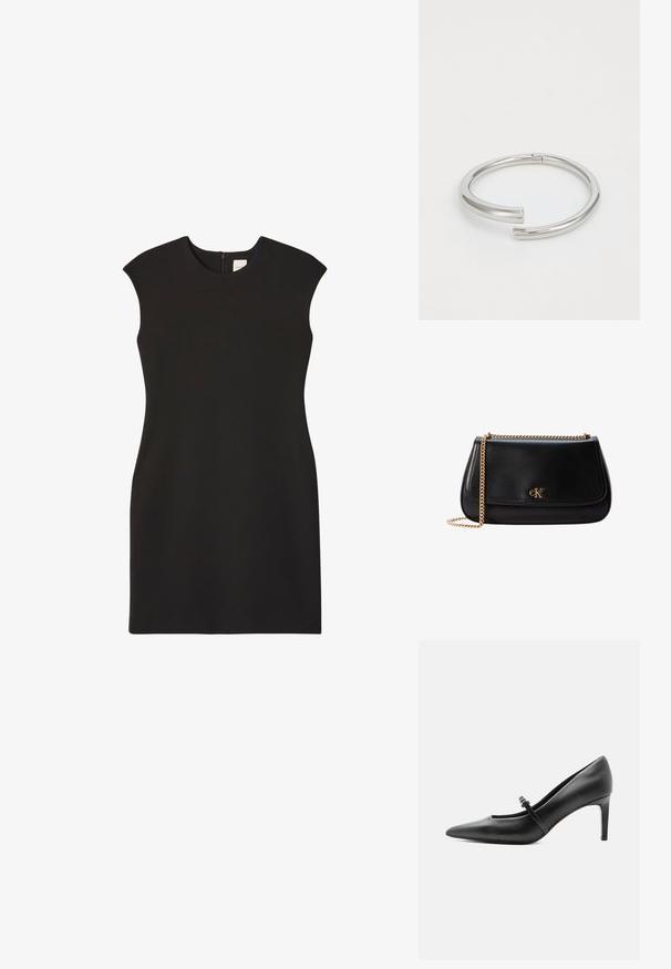 Vestido negro sin mangas con cuello alto y cremallera trasera. La tela parece lisa y ajustada, creando una silueta limpia y minimalista.; Zapato de tacón alto de cuero negro con punta puntiaguda, con tira fina y hebilla sobre el empeine, sobre fondo claro y neutro.; Bolso bandolera de cuero negro con correa de cadena dorada y pequeño logo dorado de CK en la solapa frontal.; Calvin Klein SPIRAL - Pulsera - silver-coloured