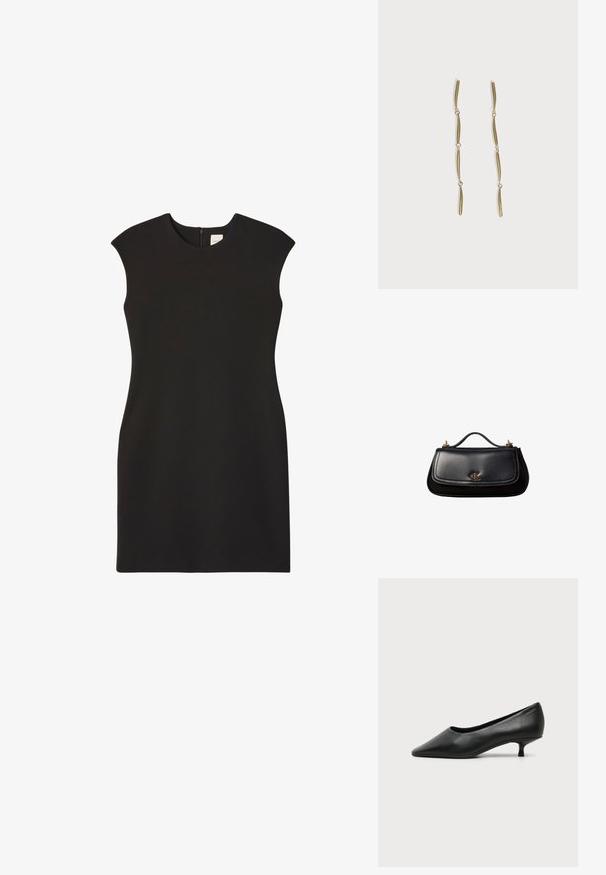 Schwarzes ärmelloses Kleid mit hohem Ausschnitt und Reißverschluss hinten. Der Stoff wirkt glatt und eng anliegend, wodurch eine klare, minimalistische Silhouette entsteht.; Schwarzer Leder-Damenschuh mit niedrigem Absatz, spitzer Schuhspitze und kleinem Kittenabsatz auf schlichtem hellem Hintergrund.; Schwarze Lederhandtasche mit kleinem Griff, goldfarbenem "cK" Logo auf der Frontklappe und goldfarbenen Hardware-Akzenten.; Lange goldene Ohrringe, bestehend aus vier verlängerten verbundenen gebogenen Stäben auf weißem Hintergrund.