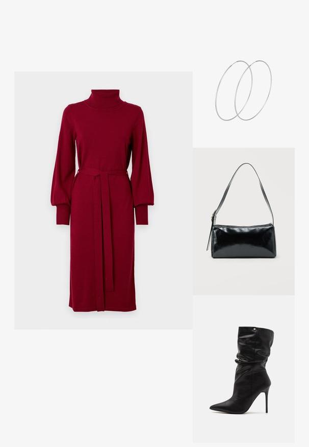 VILA Knitted VIAMANDA Turtleneck - Robe pull - cabernet; Even&Odd Wide Fit Bottines à talons hauts - black; Sac d'épaule rectangulaire noir avec une sangle réglable unique et une fermeture éclair supérieure sur un fond uni.; Boucles d'oreilles en argent au design minimaliste. Forme circulaire, texture lisse et profil fin. Légères avec une finition polie.