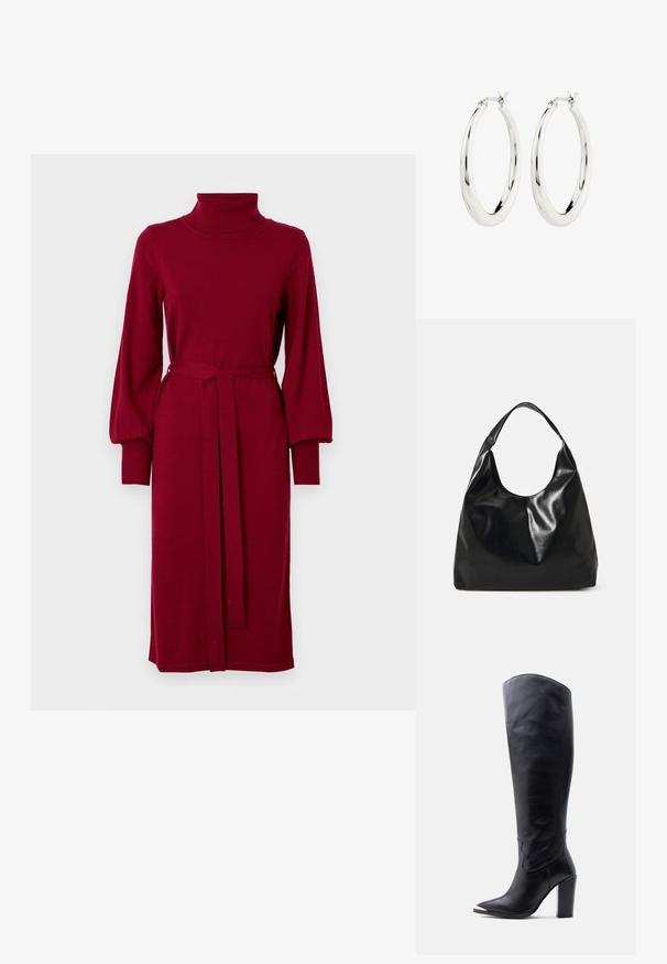 VILA Knitted VIAMANDA Turtleneck - Svetríkové šaty - cabernet; Čierna kožená vysoká čižma po kolená so špicatou špičkou, zlatou kovovou koncovkou a vysokým blokovým podpätkom na bielom pozadí.; Čierna kožená hobo taška s jemnou, lesklou textúrou a zaobleným, otvoreným vrchom. Obsahuje široký, zakrivený popruh na nosenie. Žiadne viditeľné kovanie.; Strieborné kruhové náušnice s hladkým, lesklým povrchom. Obľúbený tvar, vybavené bezpečným zapínaním. Jednoduchý a elegantný dizajn.