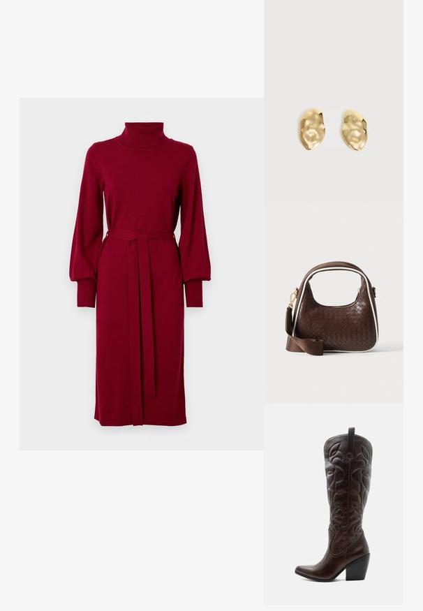 VILA Knitted VIAMANDA Turtleneck - Svetríkové šaty - cabernet; Vysoká tmavohnedá kožená kovbojská čižma so šitými dekoratívnymi vzormi, špicatou špičkou a vrstveným blokovým podpätkom.; Hnedá tkaná kožená kabelka s bielym lemovaním, zlatým zipsom a odnímateľným hnedým textilným ramenným popruhom.; Pár lesklých, nepravidelne tvarovaných zlatých kovových náušníc s pokrčeným, hladkým povrchom na jednoduchom svetlom pozadí.