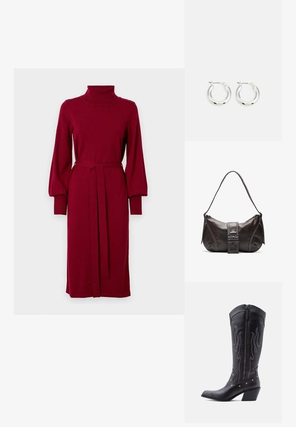 VILA Knitted VIAMANDA Turtleneck - Robe pull - cabernet; Bottes de cow-boy en cuir noir avec bout pointu, coutures apparentes, ornements à clous argentés et fermeture éclair sur le côté intérieur.; Sac à épaule en cuir marron avec une forme courbée, présentant un détail de boucle proéminent, des coutures contrastantes et une seule bandoulière.; Boucles d'oreilles en argent avec une finition polie, présentant une forme circulaire et une fermeture à charnière. Texture lisse avec un minimum de détails.