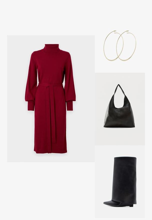 VILA Knitted VIAMANDA Turtleneck - Svetríkové šaty - cabernet; Čierne kožené členkové čižmy s vysokým valcovitým zvrškom, špicatou špičkou a nízkym plochým podpätkom, s hladkou textúrou a minimalistickým dizajnom.; Čierna hladká kožená kabelka na rameno s širokým, jediným remienkom a ležérnym, minimalistickým dizajnom na jednoduchom pozadí.; Pilgrim Náušnice - gold-coloured