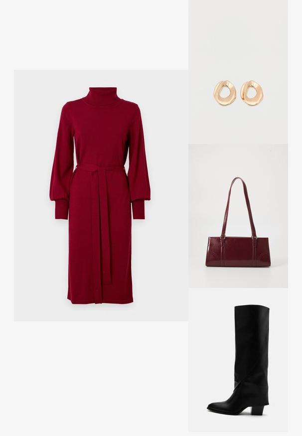 VILA Knitted VIAMANDA Turtleneck - Svetríkové šaty - cabernet; Vysoká čierna kožená čižma s nakloneným šitím, špicatou špičkou a masívnym stredne vysokým podpätkom na bielom pozadí.; Bordová kabelka vyrobená z lesklého materiálu, obdĺžnikový tvar, s dvoma ramennými popruhmi a jemnými zakrivenými akcentmi na prednej strane.; Pár náramkových náušníc nepravidelného tvaru z brúseného kovu s pozláteným tónom a otvoreným stredom na bielom pozadí.