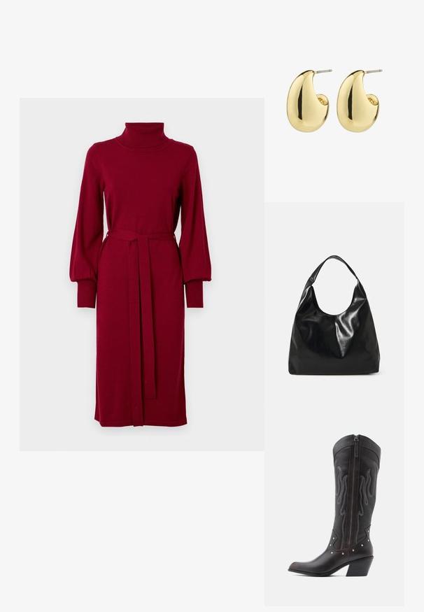 VILA Knitted VIAMANDA Turtleneck - Gebreide jurk - cabernet; Bruine leren cowboylaarzen met vlamstiksels, zijrits, zilveren studs, spits toelopende neus en gestapelde hak.; Zwarte leren hobo tas met een zachte, glanzende textuur en een ronde, open bovenkant. Voorzien van een brede, gebogen schouderband om te dragen. Geen zichtbare hardware.; Gouden studs met een gladde, gepolijste afwerking, in een abstracte, druppelvorm. Eenvoudige metalen achterzijde voor bevestiging.