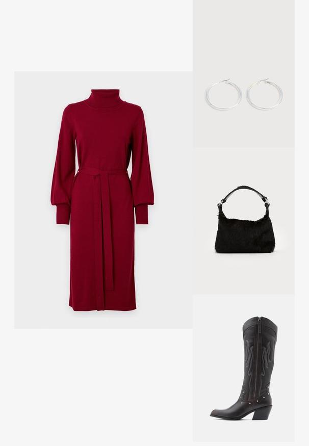 VILA Knitted VIAMANDA Turtleneck - Robe pull - cabernet; Bottes de cowboy en cuir marron avec surpiqûres en forme de flammes, fermeture éclair latérale, clous argentés, bout pointu et talon superposé.; Sac à main en fausse fourrure noire avec une texture douce, une forme arrondie et une bandoulière en cuir noir robuste. Accent en métal argenté visible.; Paire de boucles d'oreilles créoles argentées brillantes avec fermoirs en fil fin, présentée sur un fond gris clair.