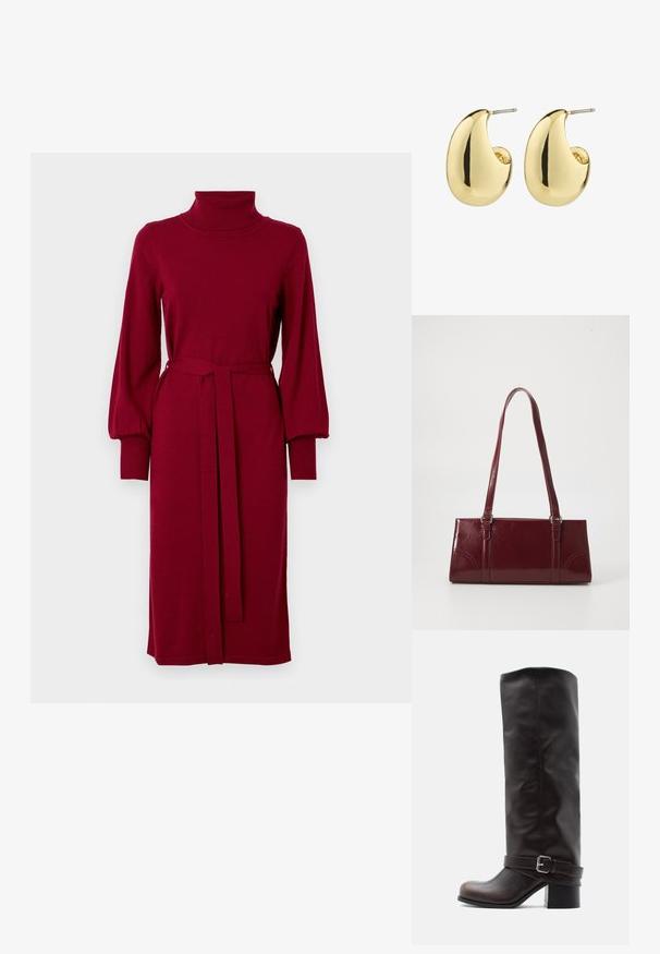 VILA Knitted VIAMANDA Turtleneck - Svetríkové šaty - cabernet; Tmavohnedá kožená čižma po kolená s okrúhlou špičkou, nízkym hrubým podpätkom a ozdobným remienkom so striebornou prackou pri členku.; Bordová kabelka vyrobená z lesklého materiálu, obdĺžnikový tvar, s dvoma ramennými popruhmi a jemnými zakrivenými akcentmi na prednej strane.; Náušnice so zlatým tónom, s hladkým, lesklým povrchom, v abstraktnom tvare slzy. Jednoduchá kovová príchytka na pripnutie.