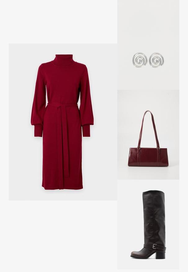 VILA Knitted VIAMANDA Turtleneck - Strikkjoler - cabernet; Mørkebrun læderstøvle til knæet med rund tå, lav blokhæle og dekorativ rem med sølvspænde ved anklen.; Bordeaux håndtaske lavet af glansfuldt materiale, rektangulær form, med to skulderremme og subtile buede detaljer på forsiden.; Par sølvspiral øreringe med glat, afrundet design på en ensartet hvid baggrund.