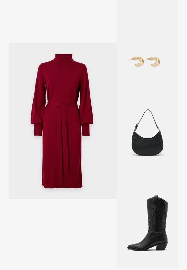 VILA Knitted VIAMANDA Turtleneck - Robe pull - cabernet; Bottes de cowboy en cuir noir avec un bout pointu, des motifs en relief en spirale et un talon de hauteur moyenne. Équipées d'une languette pour un enfilage facile.; Sac hobo noir en cuir lisse avec une silhouette arrondie, doté d'une seule sangle ajustable et de détails de design minimalistes.; Boucles d'oreilles en forme de croissant en or avec une finition lisse, présentant des accents orange près du clou et un matériel en argent.