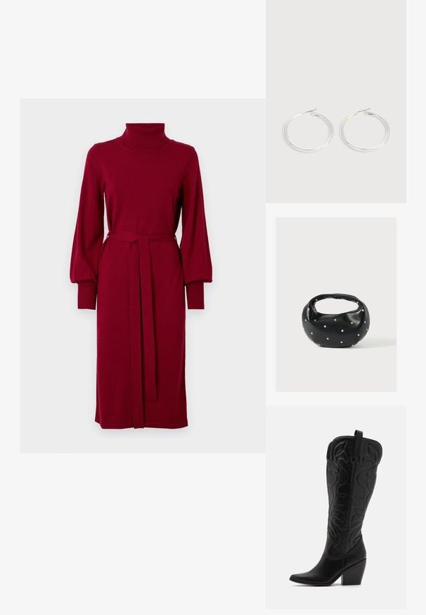 VILA Knitted VIAMANDA Turtleneck - Svetríkové šaty - cabernet; Čierne kožené čižmy po kolená so špicatou špičkou a vrstveným podpätkom. Majú dekoratívne prešívanie a zakrivené dizajnové prvky.; Čierna kožená kabelka s zaobleným tvarom, zdobená striebornými cvočkami a krátkym rúčkou. Hladká textúra a zapínanie na zips.; Pár lesklých strieborných kruhových náušníc s tenkými drôtenými zapínaniami, zobrazených na svetlo šedom pozadí.
