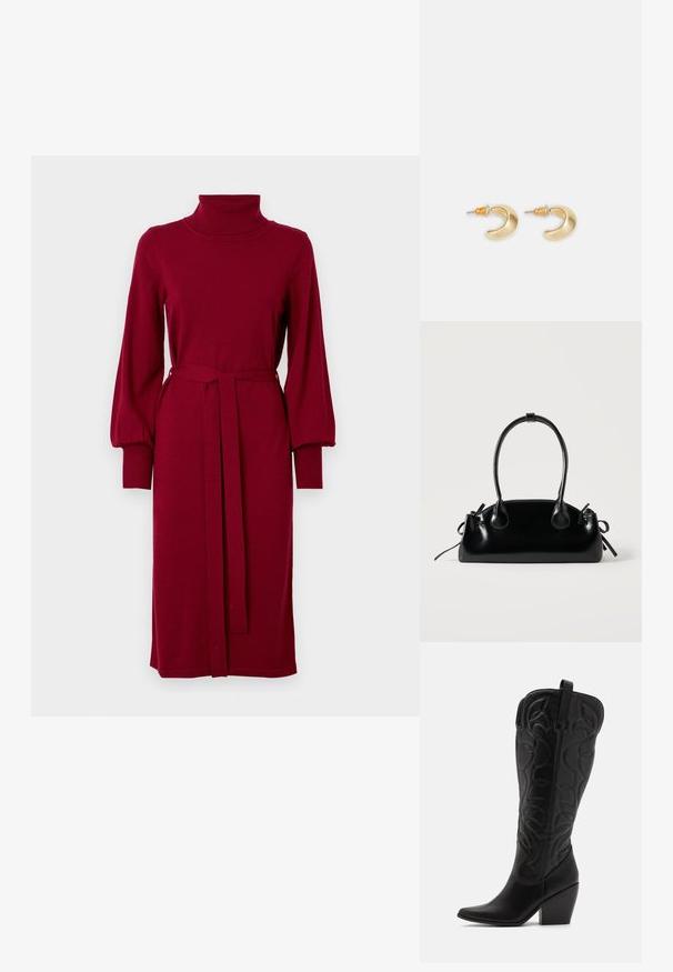 VILA Knitted VIAMANDA Turtleneck - Svetríkové šaty - cabernet; Čierne kožené čižmy po kolená so špicatou špičkou a vrstveným podpätkom. Majú dekoratívne prešívanie a zakrivené dizajnové prvky.; Malá čierna lesklá kabelka s dvoma dlhými rúčkami a bočnými šnúrkovými detailmi na jednoduchom svetlom pozadí.; Zlaté náušnice v tvare pologuľe s hladkým povrchom, s oranžovými akcentmi pri úchyte a striebornými komponentmi.