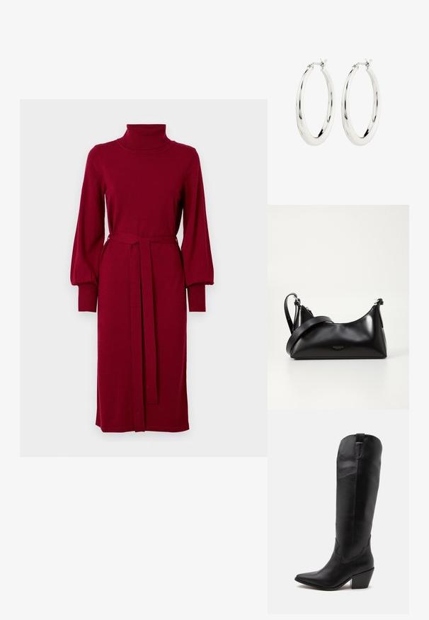 VILA Knitted VIAMANDA Turtleneck - Robe pull - cabernet; Botte de cowboy haute en cuir noir avec un bout pointu, un talon bas et des coutures minimales, présentée de côté sur fond blanc.; Sac à main en cuir noir avec une texture lisse. Dispose d'une bandoulière adjustable et d'un design élégant et minimaliste avec une fermeture éclair.; Boucles d'oreilles créoles en argent avec une finition lisse et brillante. Forme circulaire, dotée d'un fermoir sécurisé. Design simple et élégant.