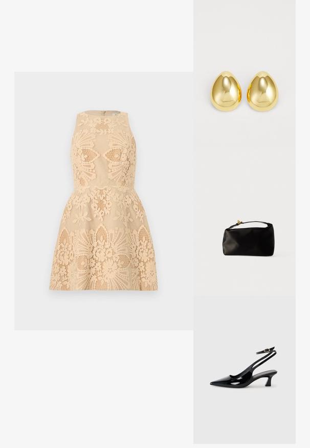 Beige ærmeløs kjole med blomsterblondeoverlay, tætsiddende korset og skørt med vidde, med detaljerede udskæringsmønstre over det hele.; Sorte patenterede læderslingbacks med spidse tæer, lav blokhælt og justerbar ankelrem med guldspænde.; Sort satinpung med en afrundet form, et håndtag i toppen og en guldaccentlås. Glat tekstur med et minimalistisk design.; Guldfarvede studøreringe med en glat, poleret overflade og dråbeform, der reflekterer lys for en skinnende finish.