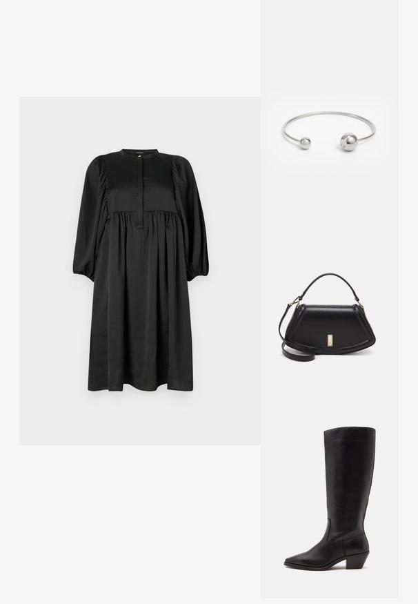 Vestido negro con mangas largas abullonadas, escote redondo y una tapeta con botones. Hecho de una tela suave; cuenta con una falda fruncida.; Bota de cuero negra hasta la mitad de la pantorrilla con puntera puntiaguda y tacón bajo inclinado sobre un fondo claro y liso.; Bolso de mano de cuero negro con un diseño estructurado, que presenta una forma recortada, asa superior y acentos en dorado. Correa de hombro ajustable incluida.; Brazalete de metal plateado con dos acentos esféricos en cada extremo, superficie lisa, diseño abierto y forma elegante y minimalista.