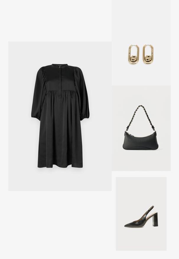 Vestido negro con mangas largas abullonadas, escote redondo y una tapeta con botones. Hecho de una tela suave; cuenta con una falda fruncida.; Zapato de mujer tipo slingback en piel negra con puntera puntiaguda y tacón grueso alto de bloque sobre fondo blanco.; Bolso de hombro de cuero negro con forma rectangular curvada, cadena dorada entrelazada en una correa negra trenzada y cierre superior con cremallera.; BOSS DOUBLE B SWING - Pendientes - gold-coloured