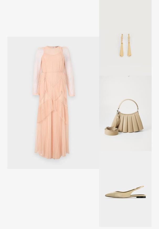 Robe longue et superposée en tissu doux pêche, dotée de manches bouffantes transparentes, d'une texture plissée et d'un motif à pois subtil. Elle comporte un lien à la taille pour un ajustement parfait.; Chaussure plate beige à bout pointu avec bride arrière, petit talon noir et finition en cuir lisse, vue de côté sur un fond uni.; Lacoste LENGLEN BAG - Sac à main - viennois; Boucles d'oreilles pendantes en ton or avec des pendentifs lisses en forme de goutte allongée suspendus à de petites attaches en forme d'anneau sur un fond blanc.