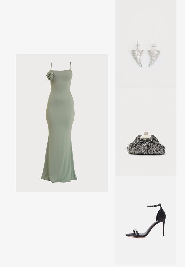 Mintgrünes, figurbetontes Maxikleid mit geradem Ausschnitt und dünnen Trägern. Besitzt eine rüsche Akzentuierung an der linken Schulter. Weicher, glatter Stoff.; Schwarze Satinsandalette mit hohem Absatz, dünnem Riemen, Knöchelschnalle und dekorativem Strassakzent am Zehenriemen.; Schwarze und silberne Glitzertasche mit gerafftem Design. Metallverschluss mit glatter, abgerundeter Form und strukturierter Oberfläche.; Silberne, hornförmige Ohrringe, besetzt mit kleinen klaren Steinen, mit einem Steckverschluss zur Befestigung. Glatte Textur und metallisches Finish.