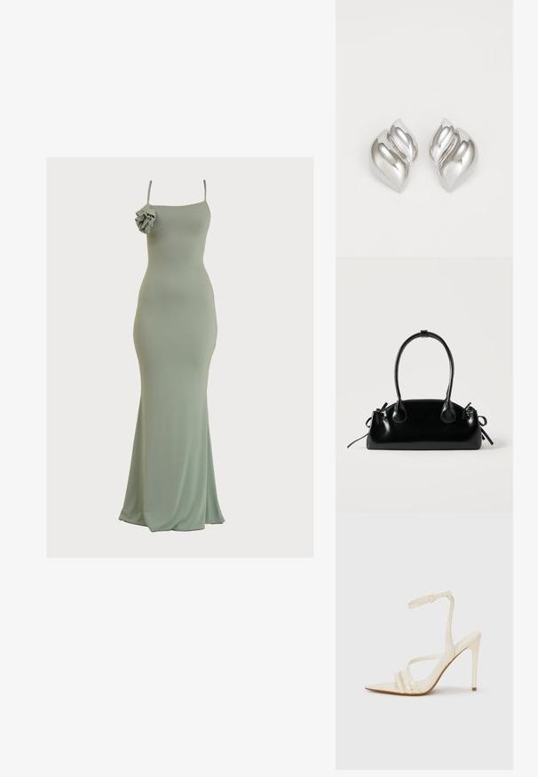 Mintgrünes, figurbetontes Maxikleid mit geradem Ausschnitt und dünnen Trägern. Besitzt eine rüsche Akzentuierung an der linken Schulter. Weicher, glatter Stoff.; Beige Sandaletten mit hohem Absatz und spitzer Schuhspitze, ausgestattet mit drei vorderen Riemen und einem dünnen Knöchelriemen mit Schnalle. Glatte Textur, minimalistisches Design.; Kleine schwarze glänzende Handtasche mit zwei langen Griffen und seitlichen Kordelzug-Details vor einfachem hellem Hintergrund.; Silberne Ohrringe mit einer organischen, abstrakten Form. Glatte, glänzende Oberfläche mit einem konischen Design. Mit dezenten Kurven und einem zentralen Linienelement.