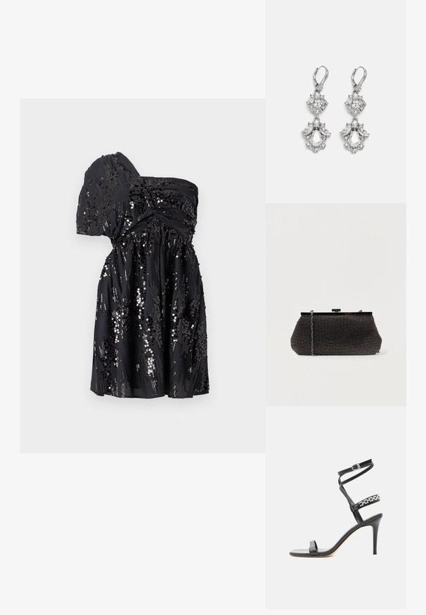Vestido negro de un solo hombro hecho de tela suave, adornado con lentejuelas dispersas, con una cintura fruncida y falda fluida.; Sandalia negra de tacón alto con tira delgada en el tobillo, tira en la parte media del pie decorada con eslabones de cadena plateados y diseño de punta abierta.; Bolso de mano negro de malla con una silueta estructurada, adornado con pequeños tachuelas metálicas, que cuenta con un cierre de broche y una correa de cadena desmontable.; Pendientes de tono plateado que presentan múltiples piedras de cristal transparente en formas de lágrima y marquesa, con cierres de palanca y un detallado intrincado.