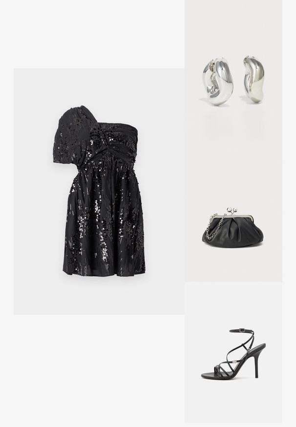 Vestido negro de un solo hombro hecho de tela suave, adornado con lentejuelas dispersas, con una cintura fruncida y falda fluida.; Sándalo negro de tacón alto con tiras finas, hebilla en el tobillo, superficie de cuero suave y tacón de aguja esbelto.; Clutch de cuero negro con textura arrugada, marco de metal en tono plateado, cierre de beso y cadena para colgar. Superficie suave y lisa.; Pendientes escultóricos de plata con formas suaves y curvas y superficies reflectantes. Presentan un diseño de aro cerrado y una forma orgánica distintiva.
