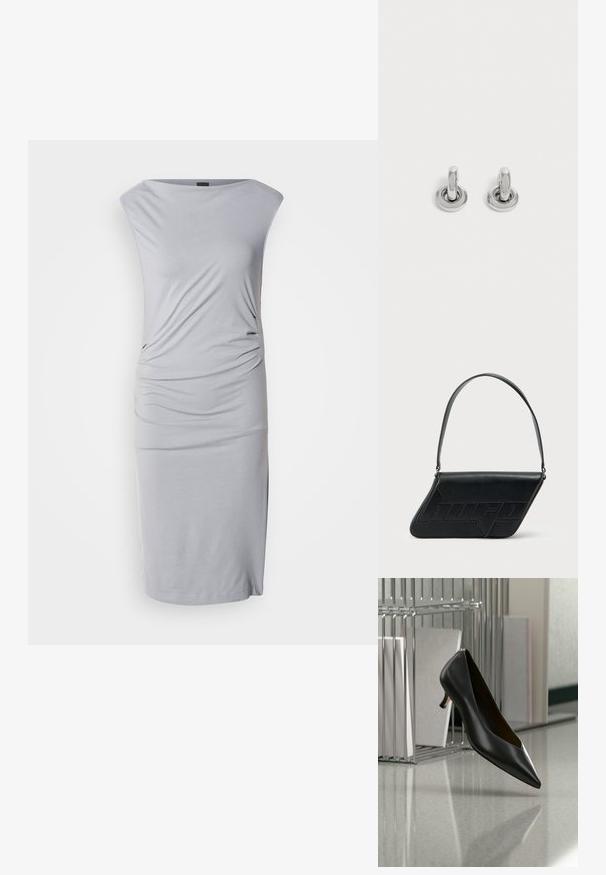 Vestido midi gris de punto con escote relajado, lados drapeados y silueta ajustada. Textura suave con un acabado liso y aberturas laterales.; Zapato de cuero negro con punta afilada y tacón kitten flotando sobre un suelo gris moteado, junto a un organizador metálico de archivos con carpetas.; Bolso de hombro de cuero negro con forma triangular, logo en relieve y una sola correa ajustable. Diseño minimalista con textura suave.; Par de pequeños pendientes de aro plateados brillantes con base redonda, exhibidos sobre un fondo claro y liso.