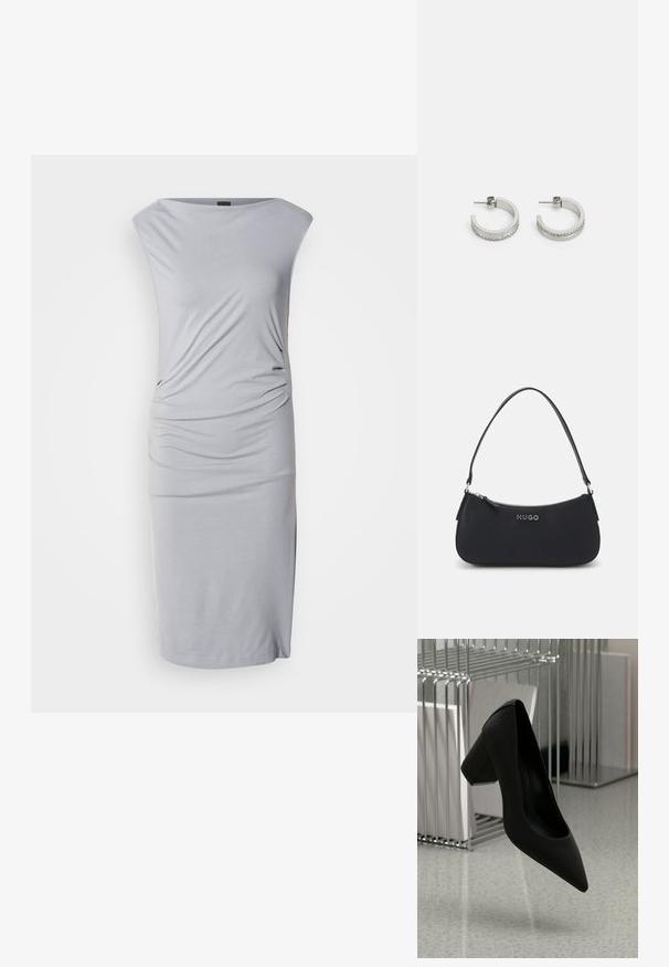 Vestido midi gris de punto con escote relajado, lados drapeados y silueta ajustada. Textura suave con un acabado liso y aberturas laterales.; Zapato de tacón alto negro con punta afilada y tacón grueso, hecho de cuero texturizado, suspendido sobre un suelo liso.; Bolso sintético negro con forma curva, cierre de cremallera y asa corta. Presenta un logo plateado de "HUGO" en el frente. Textura suave.; Pendientes de aro plateados con una superficie lisa y una fila de pequeñas piedras transparentes a lo largo del borde inferior, con cierre de perno.