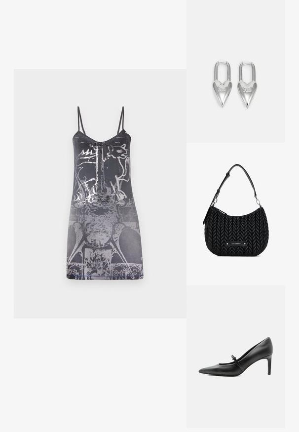 Vestido negro sin mangas con tirantes finos, con un patrón gráfico abstracto en gris claro y una textura suave, a la altura de la rodilla.; Zapato de tacón alto de cuero negro con punta puntiaguda, con tira fina y hebilla sobre el empeine, sobre fondo claro y neutro.; Bolso de mano de cuero negro con textura trenzada, forma curva y correa de hombro desmontable. Presenta una placa de logo plateada en la parte frontal.; Avgvst YES NO HEART LOCK EARRINGS - Pendientes - silver-coloured