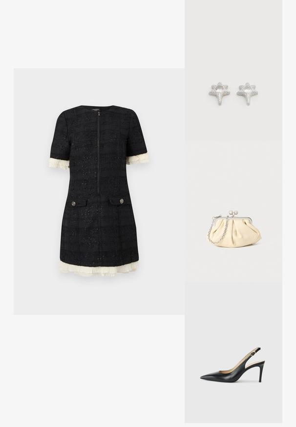Robe courte texturée noire à manches courtes avec fermeture éclair sur le devant, poches à rabat boutonnées, et bordure plissée blanche à volants sur les manches et l'ourlet.; Escarpins en cuir noir avec une pointe fine, une bride ajustable et un talon aiguille élégant, présentant une finition lisse.; Pochette en cuir beige plissé avec un cadre en métal argenté, dotée de deux fermoirs ronds décoratifs et d'une chaîne en argent.; Boucles d'oreilles argentées en forme d'étoile avec surface texturée, présentant une pierre précieuse ronde et claire au centre. Finition scintillante qui rehausse l'attrait visuel.