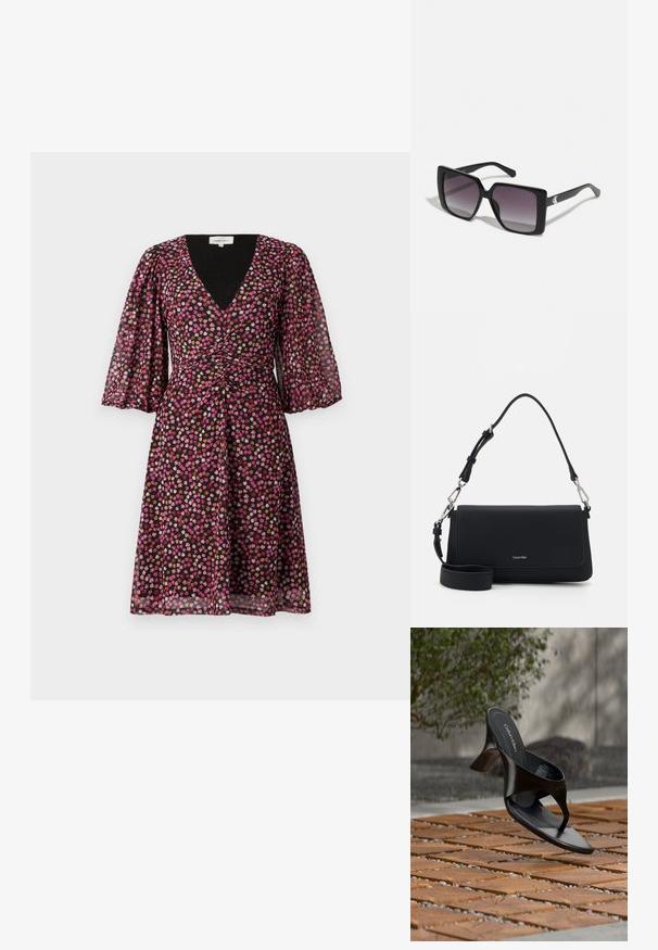 Sort kjole med V-hals, korte puffærmer og tætsiddende liv. Har et farverigt blomsterdesign i pink, orange og hvid.; Sort Calvin Klein hæl-sandal med åben tå, der svæver over en udendørs flisebelagt overflade med grønne planter og en betonvæg i baggrunden.; Sorte firkantede solbriller med gradient grå linser. Blank ramme med rene linjer. Sølvlogo-aksecent på stængerne.; Sort syntetisk håndtaske med en glat tekstur, klaplukning og en aftagelig skulderrem. Har sølvfarvet hardware og brandlogo.