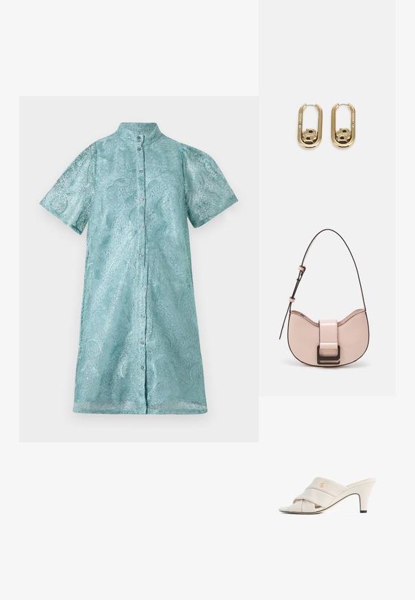 Kurzarm-Hemdblusenkleid aus schimmerndem hellblauen Stoff mit strukturiertem Muster, ausgestattet mit einem Stehkragen und einer Knopfleiste vorne.; Beige High-Heeled Mules mit verdrehtem Leder- Riemen-Design, offenen Zehen und geprägt logo Akzent. Die Ferse hat eine schwarze Spitze Detail.; Kleine, geschwungene Handtasche aus pinkem Leder mit glänzender Oberfläche, ausgestattet mit einem schwarzen Akzentgurt und einem großen schwarzen Verschluss. Crossbody-Design.; BOSS DOUBLE B SWING - Ohrringe - gold-coloured
