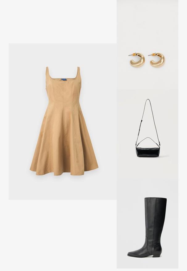 Robe sans manches couleur beige avec encolure carrée et corsage ajusté qui s'évase en une jupe évasée en forme de A, présentée sur un fond clair uni.; Bottes en cuir noires montant jusqu'aux genoux, avec bout pointu et talon bas carré, présentant une texture lisse et un design épuré et élégant.; Sac bandoulière rectangulaire en cuir noir avec bandoulière ajustable, fermeture éclair sur le dessus et petit logo Calvin Klein doré sur le devant.; Deux boucles d'oreilles en forme de cerceau en or brillant, avec un design courbé, présentant des accents orange près de la tige, sur fond blanc uni.