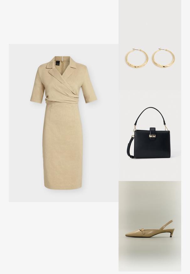 Robe beige longueur genou avec manches mi-longues, devant croisé, col cranté et fermeture éclair au dos.; Escarpin slingback en cuir verni beige avec talon kitten, bout pointu et petite sangle à boucle sur fond neutre.; Sac à main rectangulaire noir avec poignée supérieure et bandoulière amovible, doté d'une fermeture à boucle dorée avec détail logo.; Paire de boucles d’oreilles créoles en or poli avec des tiges fines et des fermoirs à charnière, présentées sur un fond gris clair uni.