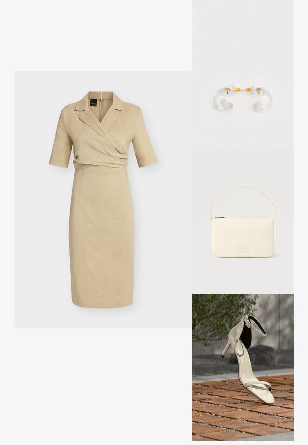Robe beige longueur genou avec manches mi-longues, devant croisé, col cranté et fermeture éclair au dos.; Sandale beige à talons hauts avec bride à la cheville posée sur des lattes en bois en extérieur, avec un arrière-plan flou de verdure et de béton.; Sac à main rectangulaire de couleur crème avec une seule sangle et une fermeture éclair sur le dessus, comportant une petite plaque de logo embossé à l'avant.; Boucles d'oreilles en acrylique transparent avec accents dorés, présentant un design incurvé et un fermoir transparent. Texture lisse, style minimaliste.