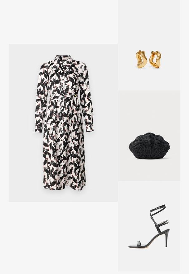Diane von Furstenberg GIZELLE DRESS - Φόρεμα ημέρας - ivory; Μαύρο σανδάλι με ψηλό τακούνι, λεπτό λουράκι στον αστράγαλο, λουράκι στη μέση του ποδιού διακοσμημένο με ασημένιες αλυσίδες και ανοιχτή μύτη.; Μαύρη τσάντα από καλάμι σε σχήμα κοχύλι αχιβάδας με καμπύλη κορυφή και υφή υφαντής επιφάνειας σε απλό φόντο.; Χρυσές σκουλαρίκια κρίκοι με κυματιστό σχέδιο, διαθέτοντας μια λεία, γυαλιστερή επιφάνεια και αεροδυναμικό σχήμα. Δεν υπάρχουν ορατοί αποκλειστές.