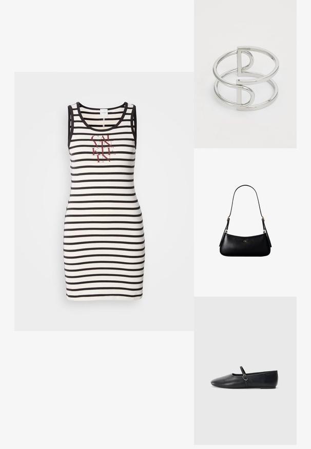Ärmelloses Kleid aus Baumwolle mit schwarz-weiß gestreiftem Muster. Mit einem aufgedruckten roten Logo auf der Vorderseite. Figurbetonte Passform.; Schwarze Leder-Ballettschuhe mit spitzem Schuhzeug, flacher Sohle und einem kleinen Riemen mit silberner Schnalle.; Schwarze kleine Lederschultertasche mit dünnem Riemen und kleinem goldenem CK-Logo auf der Vorderseite in der Mitte.; Silberner Metallarmreif mit einem Doppel-Schleifen-Design, glatter, glänzender Oberfläche und einem minimalistischen geometrischen Akzent.