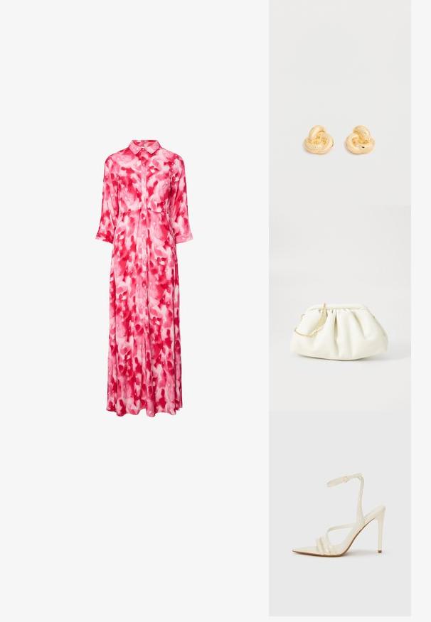 Langes Hemdkleid mit Kragen und Dreiviertelärmeln, mit einem abstrakten roten und weißen Blumenmuster.; Beige Sandaletten mit hohem Absatz und spitzer Schuhspitze, ausgestattet mit drei vorderen Riemen und einem dünnen Knöchelriemen mit Schnalle. Glatte Textur, minimalistisches Design.; Weiße Lederhandtasche mit einem gerafften Design, ausgestattet mit einem goldenen Kettenriemen und einer runden Form. Glatte Textur mit sanften Falten und ohne Muster.; Paar glänzende Ohrstecker in Form eines Knotens in Goldton vor einem einfachen weißen Hintergrund.