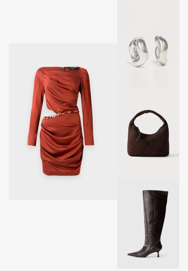 Robe rouge à manches longues avec une finition texturée. Présente un design en tissu drapé, une fermeture éclair sur le côté et un accent décoratif en perles à la taille.; Botte en cuir marron, hauteur genou, avec un bout pointu et un talon fin. Texture lisse et design élégant, arborant une silhouette minimaliste.; Sac à main tressé marron avec une poignée arrondie, fabriqué en matériau texturé. Dispose d'une fermeture éclair et d'un petit logo en accent.; Boucles d'oreilles sculpturales en argent avec des formes douces et courbes et des surfaces réfléchissantes. Présentent un design de boucle fermée et une forme organique distincte.