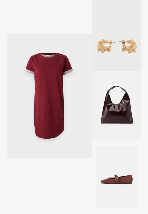 Vestido de camiseta burdeos de algodón con mangas cortas y acentos grises en los puños. Presenta un escote redondeado y corte recto.; Zapato plano Mary Jane de gamuza marrón con una correa de hebilla dorada y suela negra sobre fondo blanco.; Bolso tote vegan de cuero brillante en burdeos, con una forma suave y escultórica y un asa ancha y curvada para facilitar el transporte.; Pendientes de tono dorado con una forma abstracta y orgánica, que presentan una superficie texturizada y un cierre de poste trasero.