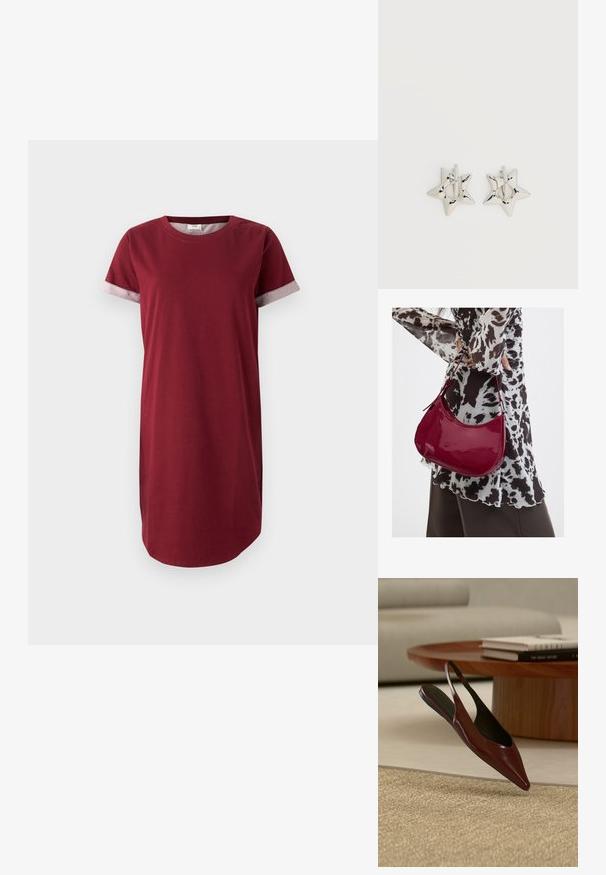 Bordeaux t-shirt jurk van katoen met korte mouwen en grijze patroondetails op de mouwen. Heeft een ronde halslijn en een rechte snit.; Donkerbruine puntige slingback platte schoen zwevend boven een beige gevlochten vloerkleed met op de achtergrond een ronde houten tafel en boeken.; Vrouw met een zwart-wit gebloemde blouse houdt een glanzende rode schoudertas vast tegen een effen achtergrond.; Zilverkleurige stervormige oorringen met een gladde, gepolijste afwerking op een effen witte achtergrond.