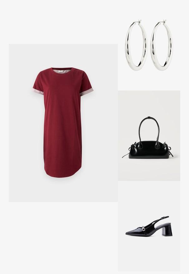 Vestido de camiseta burdeos de algodón con mangas cortas y acentos grises en los puños. Presenta un escote redondeado y corte recto.; Zapato de mujer tipo slingback de charol negro con punta afilada, tacón bajo y cuadrado, y dos hebillas pequeñas plateadas en las correas.; Pequeño bolso negro brillante con dos asas largas y detalles de cordón lateral sobre un fondo claro liso.; Pendientes de aro de plata con una superficie lisa y reflectante. Forma redonda y grande con un cierre seguro en la parte superior. El acabado pulido resalta el brillo.