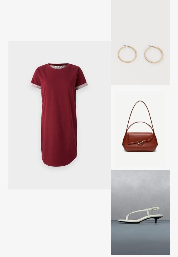 Burgunder T-Shirt-Kleid aus Baumwolle mit kurzen Ärmeln und grauen gemusterten Akzenten an den Manschetten. Verfügt über einen runden Ausschnitt und einen geraden Schnitt.; Weiße Riemchenpantolette mit kitten heel und spitz zulaufender Zehenpartie, schwebt über einem Holzkachelboden im Freien mit verschwommenem Pflanzen- und Wandhintergrund.; Braune Leder-Schultertasche mit abgerundeter rechteckiger Form, asymmetrischer Klappe, silbernem runden Verschluss und zwei dünnen Riemen.; Paar mittelgroße, glatte Creolen in Goldton mit Scharnier-Verschlüssen auf einem einfarbigen hellen Hintergrund.