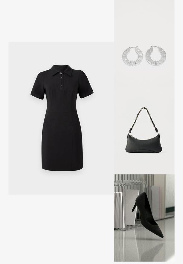 Robe noire avec un col, des manches courtes et une fermeture éclair à l'avant. Dispose de deux poches avant et d'une coupe ajustée. Texture lisse.; Chaussure noire à talons hauts équilibrée sur son talon sur un comptoir réfléchissant près de porte-dossiers métalliques avec des dossiers blancs.; Sac à bandoulière en cuir noir de forme rectangulaire incurvée, avec une chaîne dorée tissée dans la bandoulière noire tressée et une fermeture éclair sur le dessus.; Boucles d'oreilles en argent en forme de cerceau, avec les lettres gravées "DKNY" et trois pierres précieuses transparentes soulignant le design. Forme circulaire avec finition brillante.