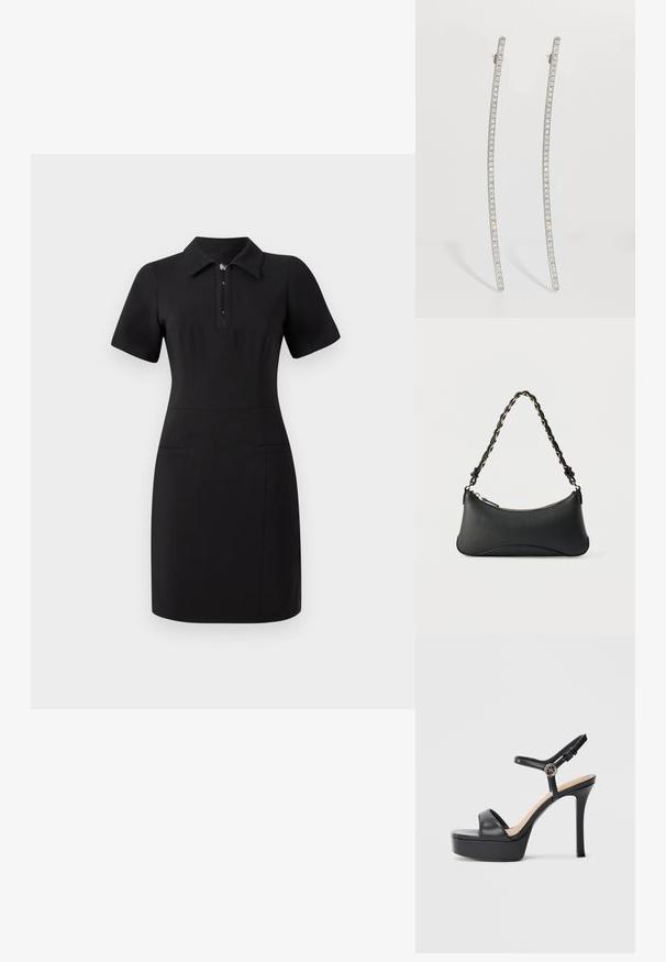 Robe noire avec un col, des manches courtes et une fermeture éclair à l'avant. Dispose de deux poches avant et d'une coupe ajustée. Texture lisse.; Sandales à plateforme noires avec un talon haut stilettos, dotées d'une tige en cuir lisse, d'un bout ouvert et d'une bride de cheville ajustable avec ferrures.; Sac à bandoulière en cuir noir de forme rectangulaire incurvée, avec une chaîne dorée tissée dans la bandoulière noire tressée et une fermeture éclair sur le dessus.; Boucles d'oreilles allongées en ton argenté avec un design incurvé, ornées d'une rangée de cristal clair le long des bords extérieurs pour plus d'éclat.