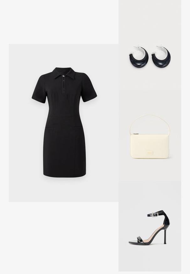 Robe noire avec un col, des manches courtes et une fermeture éclair à l'avant. Dispose de deux poches avant et d'une coupe ajustée. Texture lisse.; Sandale à talon haut en cuir verni noir avec bride à la cheville. Présente un design minimaliste, un bout ouvert et une boucle ornée de strass.; Sac à main rectangulaire de couleur crème avec une seule sangle et une fermeture éclair sur le dessus, comportant une petite plaque de logo embossé à l'avant.; Boucles d'oreilles en résine noire avec une finition brillante et des accents en métal argenté. Forme circulaire avec une découpe et une fermeture à tige.