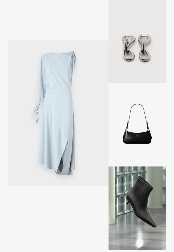 Hellblaues Kleid, ein langer Ärmel mit einem gebundenen Akzent, asymmetrischer Saum, weiche Textur und glatte Drapierung.; Schwarzer Leder-Knöchelstiefel mit spitzer Spitze und kleinem Absatz vor einer Wand aus Glasbausteinen und einem polierten Boden.; Schwarze kleine Lederschultertasche mit dünnem Riemen und kleinem goldenem CK-Logo auf der Vorderseite in der Mitte.; Paar silberfarbene Metallohrringe mit abstraktem ineinandergreifendem Schlaufen-Design auf weißem Hintergrund.