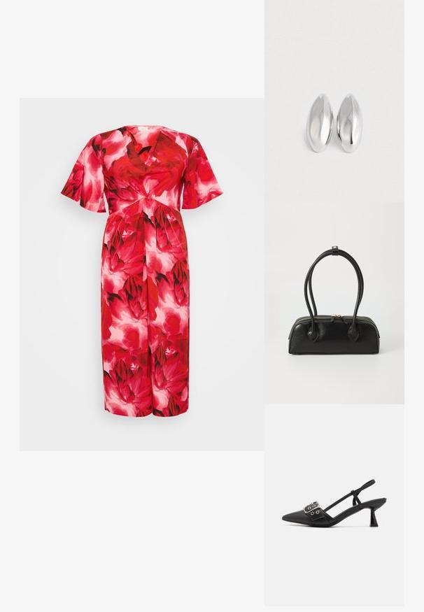 Rød blomsterkjole med V-udskæring, korte flagrende ærmer og en bindebånddetalje i taljen. Glat stof med et dristigt, farverigt mønster.; Simmi London DALA - Pumps - black; Sort læder håndtaske med to langstrakte håndtag, lynlåslukning og afrundet form; glat tekstur med en subtil blank finish.; Et par glatte, skinnende sølvfarvede ovalformede genstande placeret side om side på en helt hvid baggrund.