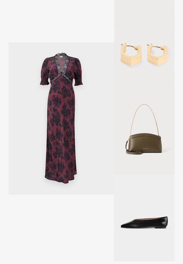 Langes burgunderfarbenes Kleid mit schwarzem Blumenmuster, das über Puffärmel, einen tiefen V-Ausschnitt und Spitzenakzente am Ausschnitt und der Taille verfügt.; Schwarzer flacher Damenleder-Schuh mit spitzer Kappe und niedrigem Absatz, von der Seite auf einfarbigem hellgrauem Hintergrund gezeigt.; Olivgrüne Michael Kors Handtasche mit goldener Kettenschulterriemen, gebogenem oberen Rand und kleinem goldenen Logo auf der Vorderseite, vor weißem Hintergrund.; Ein Paar kleine geometrische Creolen aus goldfarbenem Metall mit kantigen Kanten und Steckverschluss auf einem hellen Hintergrund.