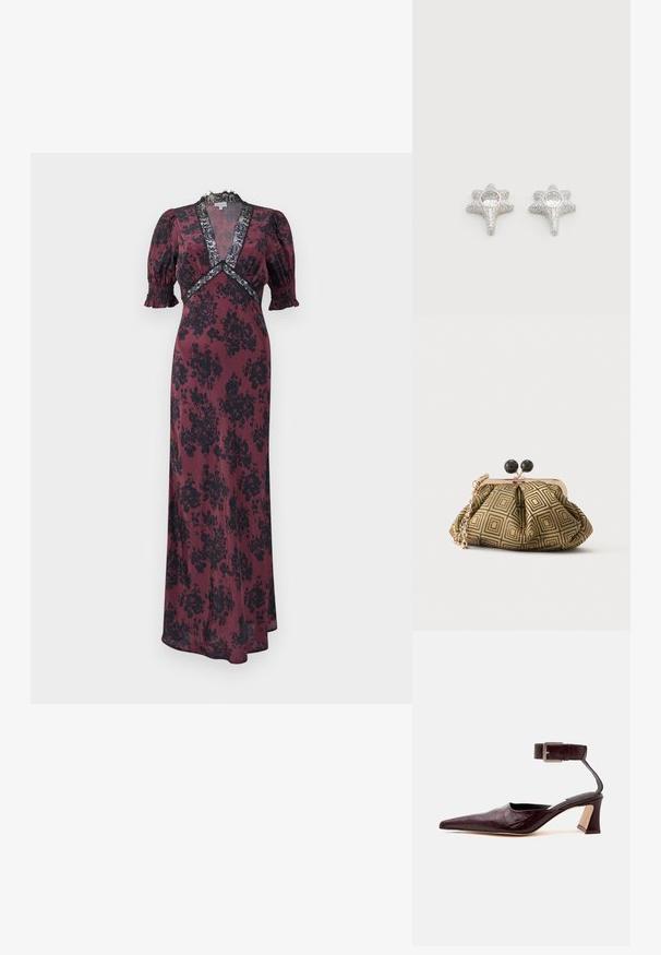 Lang bordeauxrood jurk met zwart bloemenpatroon, met pofmouwen, een diepe V-hals en kanten accenten rond de halslijn en taille.; Donkerbruine leren pumps met een spitse neus, een enkelriem en een zilveren gesp op een lichte achtergrond.; Kleine clutch tas met goud-zwart geometrisch patroon, goudkleurig metalen frame, zwarte bolsluiting en een korte gouden kettingband.; Zilveren oorbellen in stervorm met een gestructureerd oppervlak, voorzien van een ronde, heldere edelsteen in het midden. De sprankelende afwerking verhoogt de visuele aantrekkingskracht.