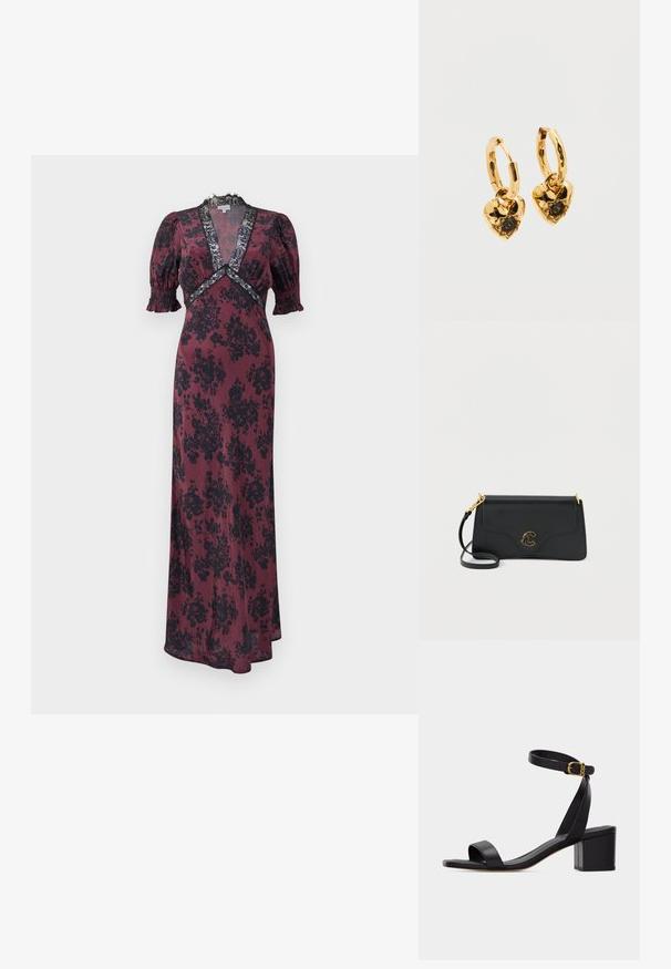 Lang bordeauxrood jurk met zwart bloemenpatroon, met pofmouwen, een diepe V-hals en kanten accenten rond de halslijn en taille.; Zwarte open sandaal met blokhak en enkelbandje met een kleine gouden gesp, zijkantweergave op een effen achtergrond.; Zwarte leren handtas met een gebogen klep, gouden beslag en een schouderriem van ketting. Heeft een opvallend logo aan de voorkant.; Gouden creolen met hartvormige hangers. Elk hart heeft een getextureerd oppervlak en een centrale zwarte edelsteen in een klauwzetting.