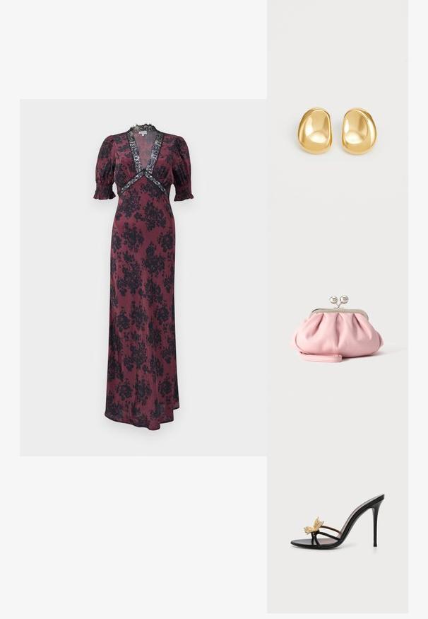 Larga vestido burdeos con patrón floral negro, que presenta mangas abullonadas, un escote en V profundo y detalles de encaje alrededor del escote y la cintura.; Sandalia negra de tacón alto con tiras finas y un adorno dorado de mariposa en la tira frontal sobre un fondo blanco.; Pequeño bolso de mano rosa suave con marco metálico plateado y cierre redondo, reposando sobre una superficie plana y clara con la correa de muñeca doblada al frente.; Pendientes de studs en color dorado con una forma suave y redondeada y una superficie reflectante, que exhiben un diseño minimalista y sin patrones visibles.